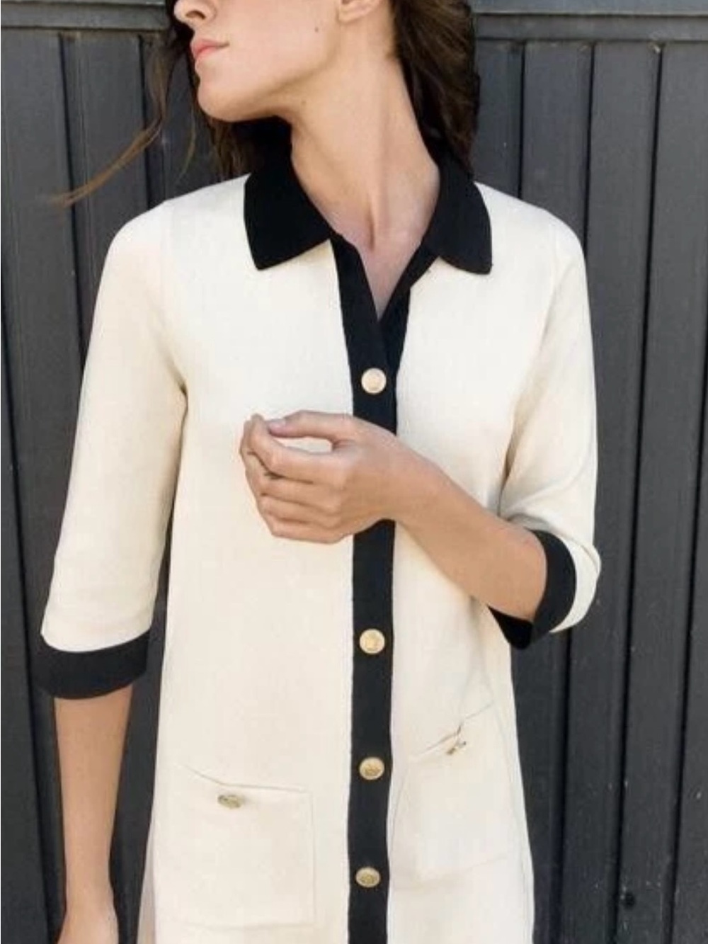 Zara Cream Midi Dress with Black Trim and Gold Buttons